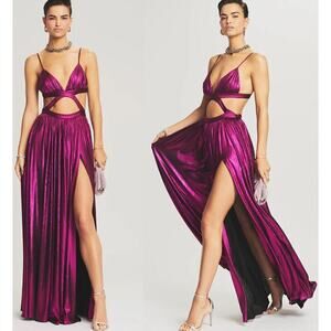 Retrofete Jett Dress Bralette Cutout Metallic Evening Gown Maxi Magenta NWT Sz L
